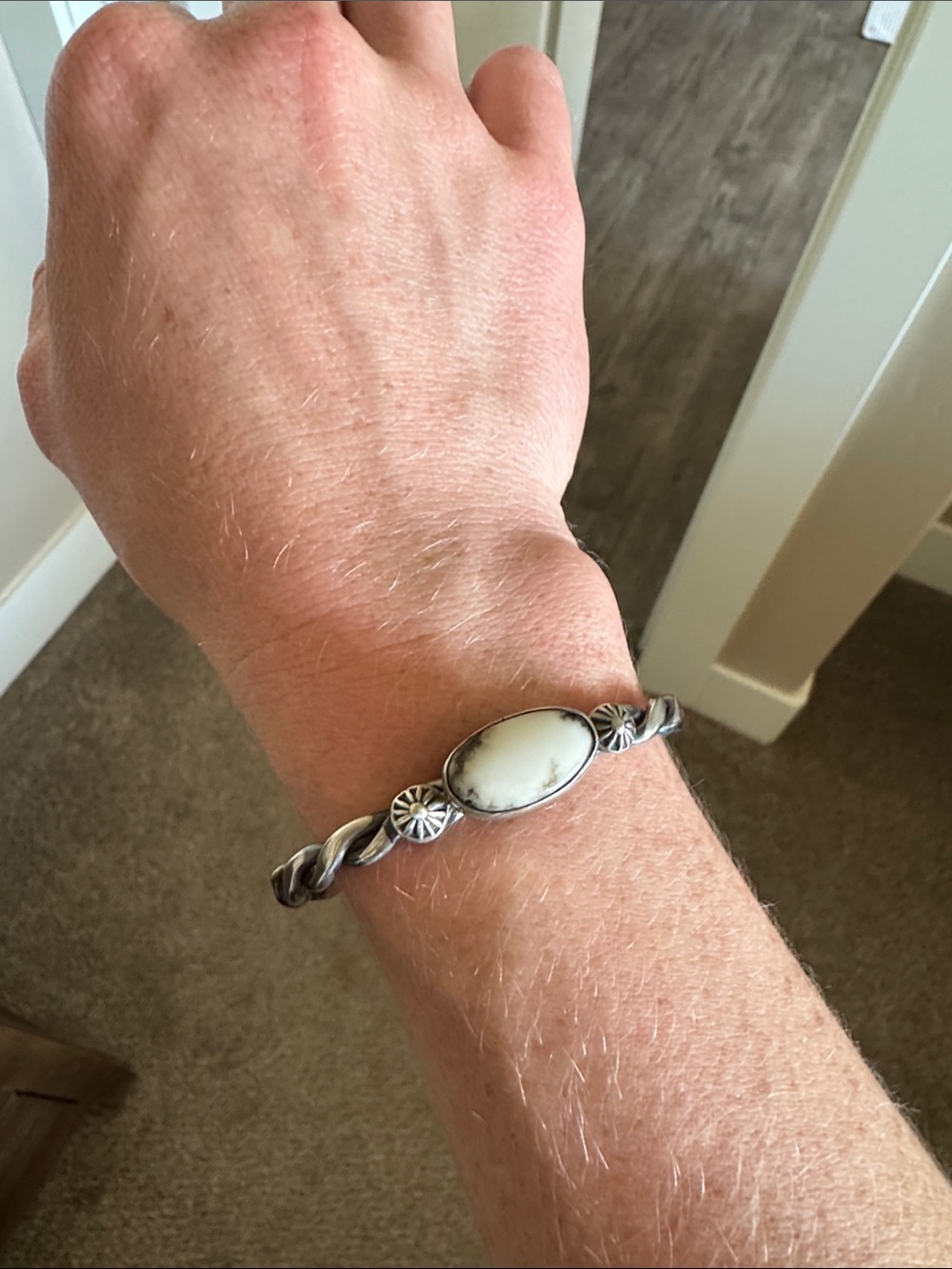 Sterling Silver White Buffalo Adjustable Cuff